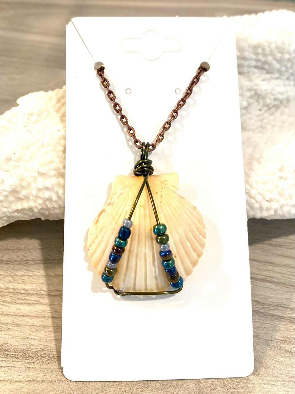 120. Sanibel island, FL scallop shell necklace with multicolored seed beads